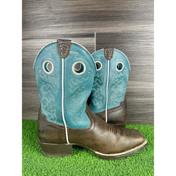 Ariat Youth Fatbaby Leather Boots, Distressed Brown Turquoise size 4 - Picture 3 of 10